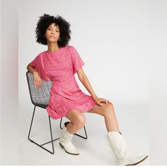 FREE PEOPLE Florence Ditzy Floral Flutter Sleeve Smocked Pink Mini Dress S - Picture 16 of 16